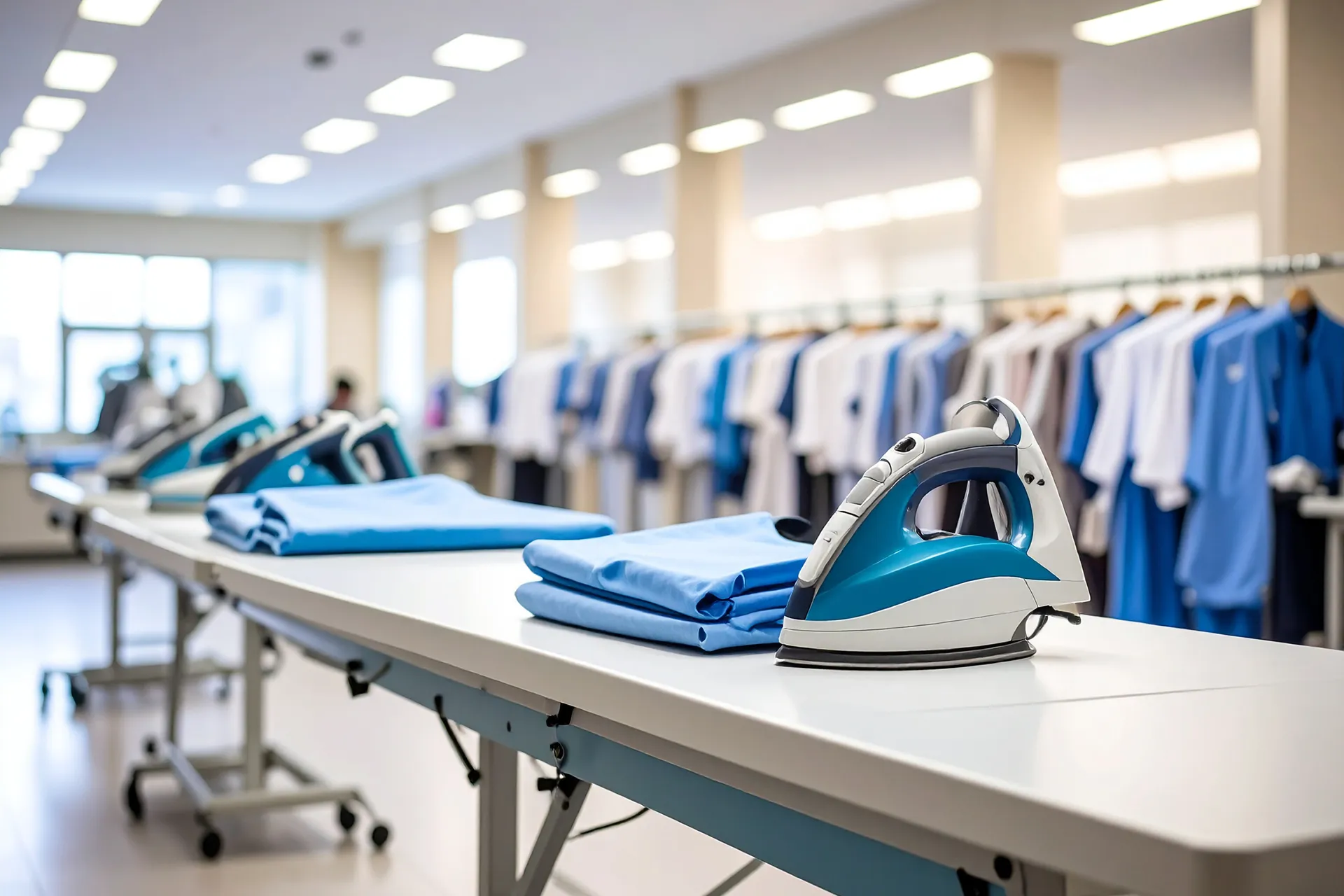 Roft Textilpflege GmbH Rostock - Wir sind Ihre Experten für Wäsche. Textilpflege & Reinigung - sauber, schnell, zuverlässig. - Bügelstation in der Textilreinigung im Hintergrund Kleidung auf Bügeln an großen Kleiderstangen
