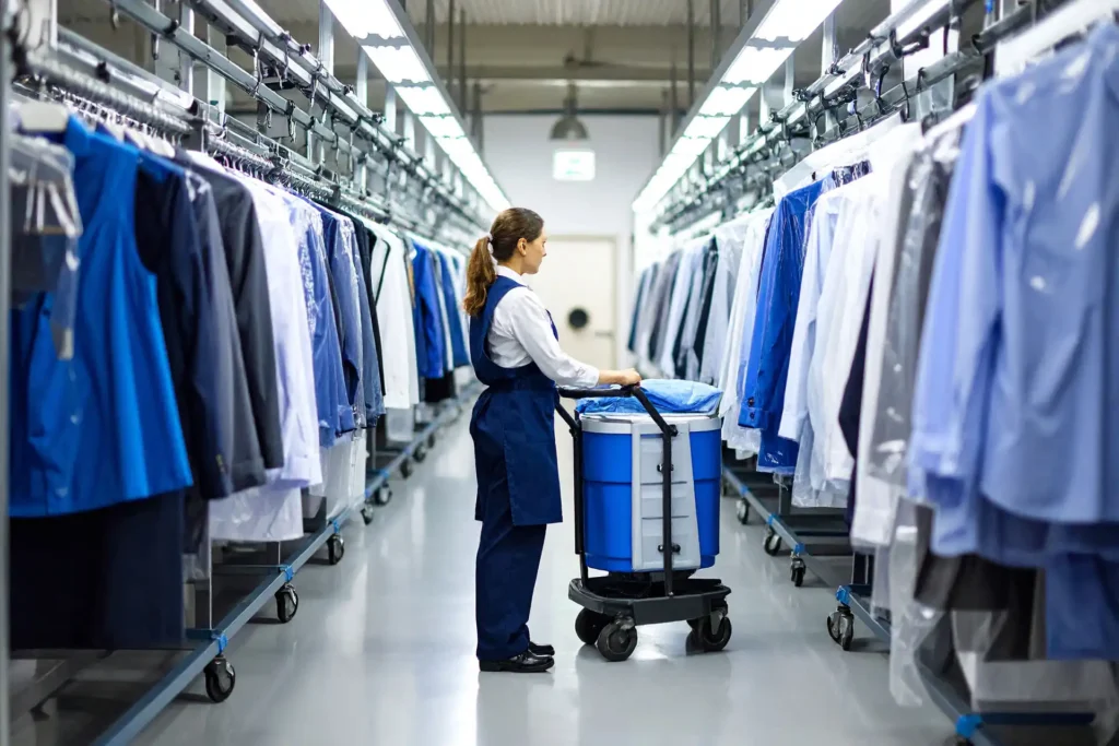 Roft Textilpflege GmbH Rostock - Wir sind Ihre Experten für Wäsche. Textilpflege & Reinigung - sauber, schnell, zuverlässig. - Mitarbeiterin in der Reinigung vor Kleiderstangen